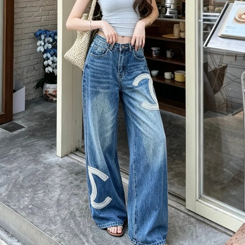 New Fashion Women CC Beaded Wide Leg Jeans DM1326091419