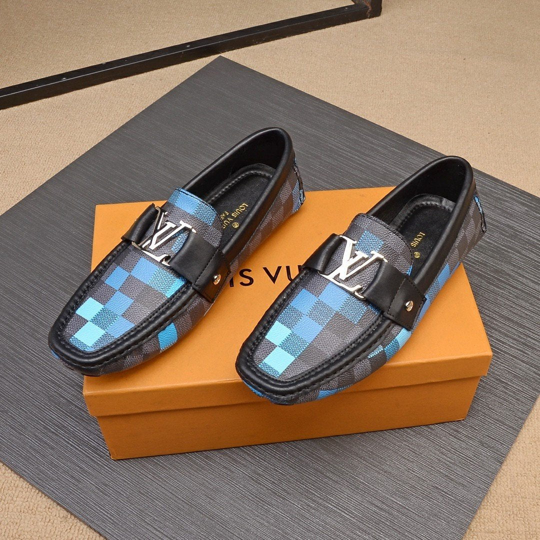 Blue And Gray Grid pattern Leather Dress Shoes