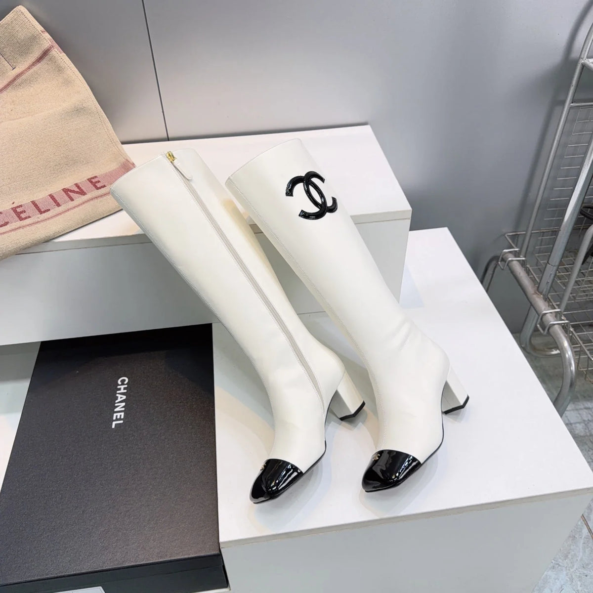 CC 26s Cap-Toe Knee-High Boots 4.5cm White Stretch Lambskin 966843