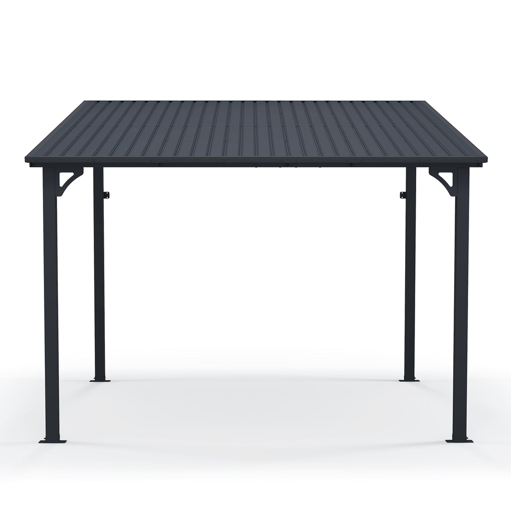 Outdoor Lean to Gazebo Pergola w/Drainage Holes, Wall-Mounted Gazebo with Hard Top Metal Awnings for Patio Backyard Deck, Dark Grey