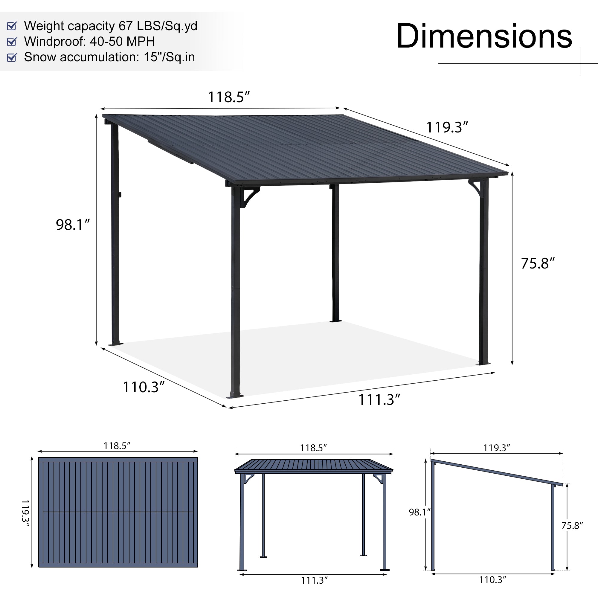 Outdoor Lean to Gazebo Pergola w/Drainage Holes, Wall-Mounted Gazebo with Hard Top Metal Awnings for Patio Backyard Deck, Dark Grey