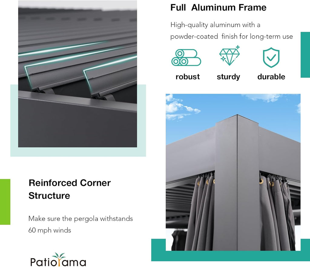 Aluminum Frame Louvered Pergola with Adjustable Rainproof Roof, Shaded Curtains and Netting