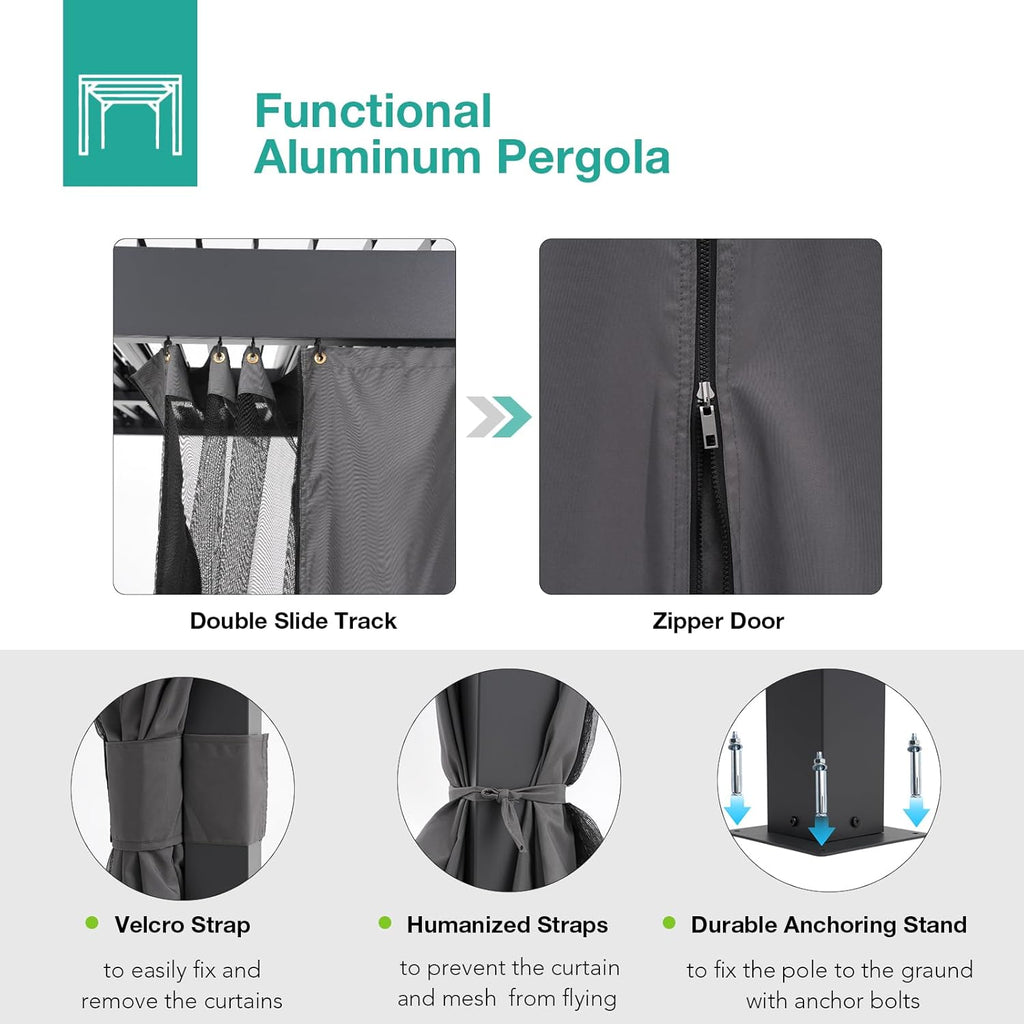 Aluminum Frame Louvered Pergola with Adjustable Rainproof Roof, Shaded Curtains and Netting