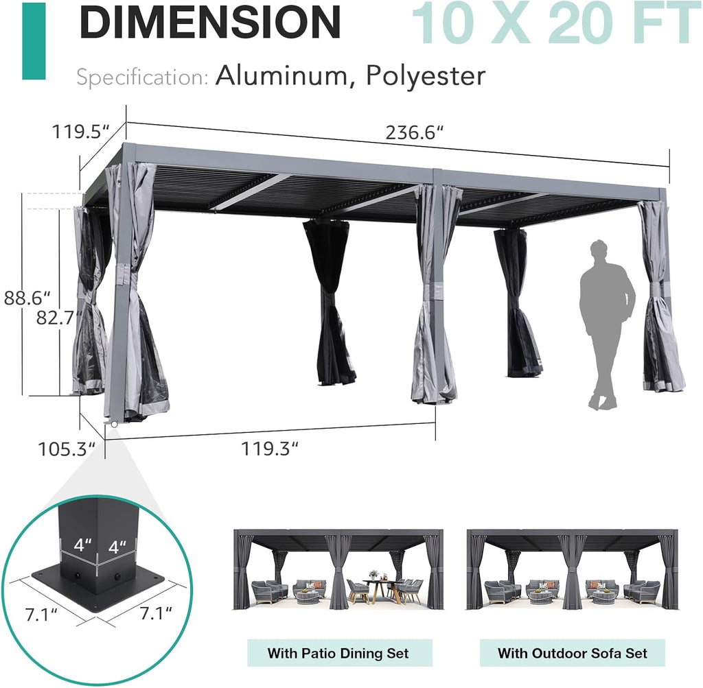 Aluminum Frame Louvered Pergola with Adjustable Rainproof Roof, Shaded Curtains and Netting