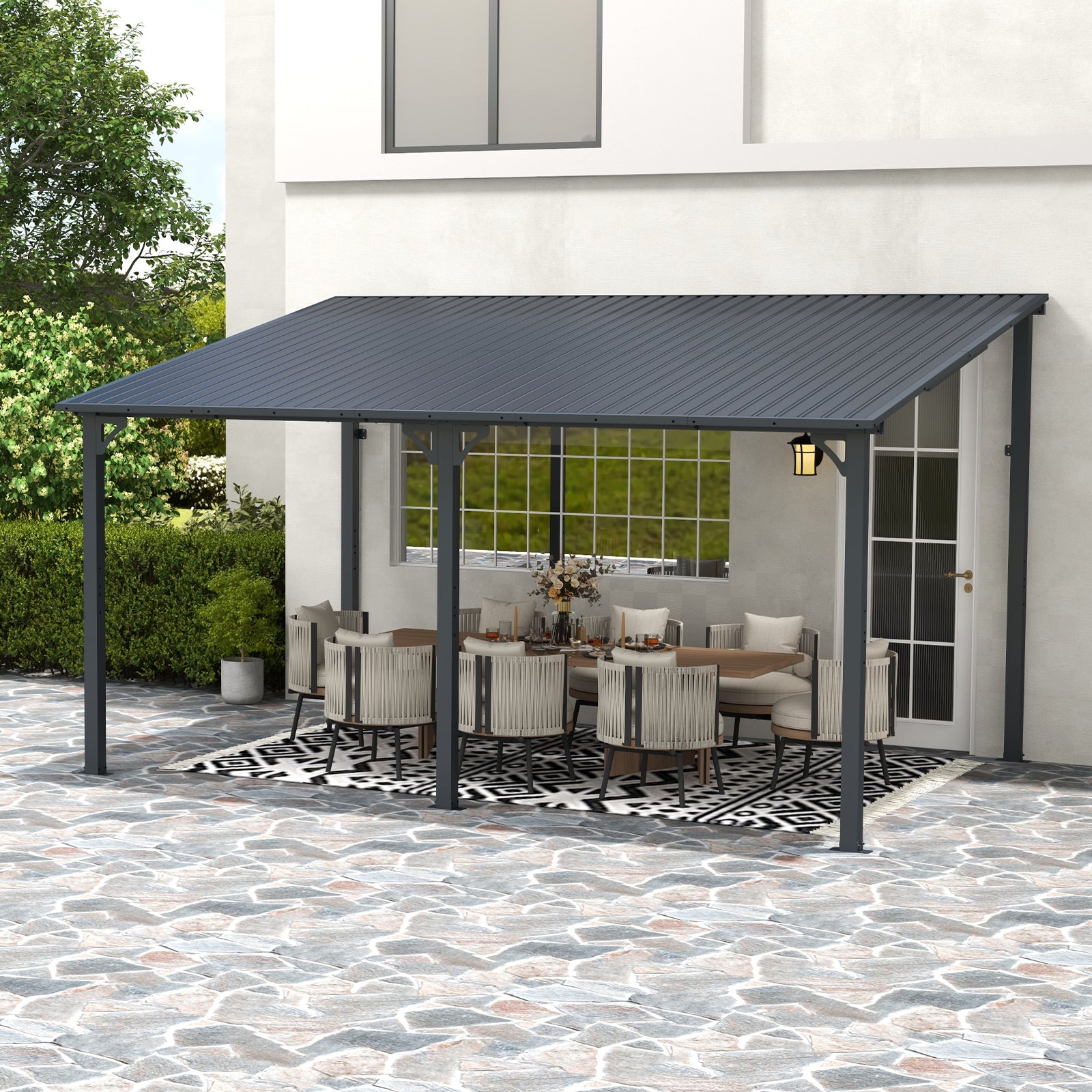 Outdoor Lean to Gazebo Pergola w/Drainage Holes, Wall-Mounted Gazebo with Hard Top Metal Awnings for Patio Backyard Deck, Dark Grey