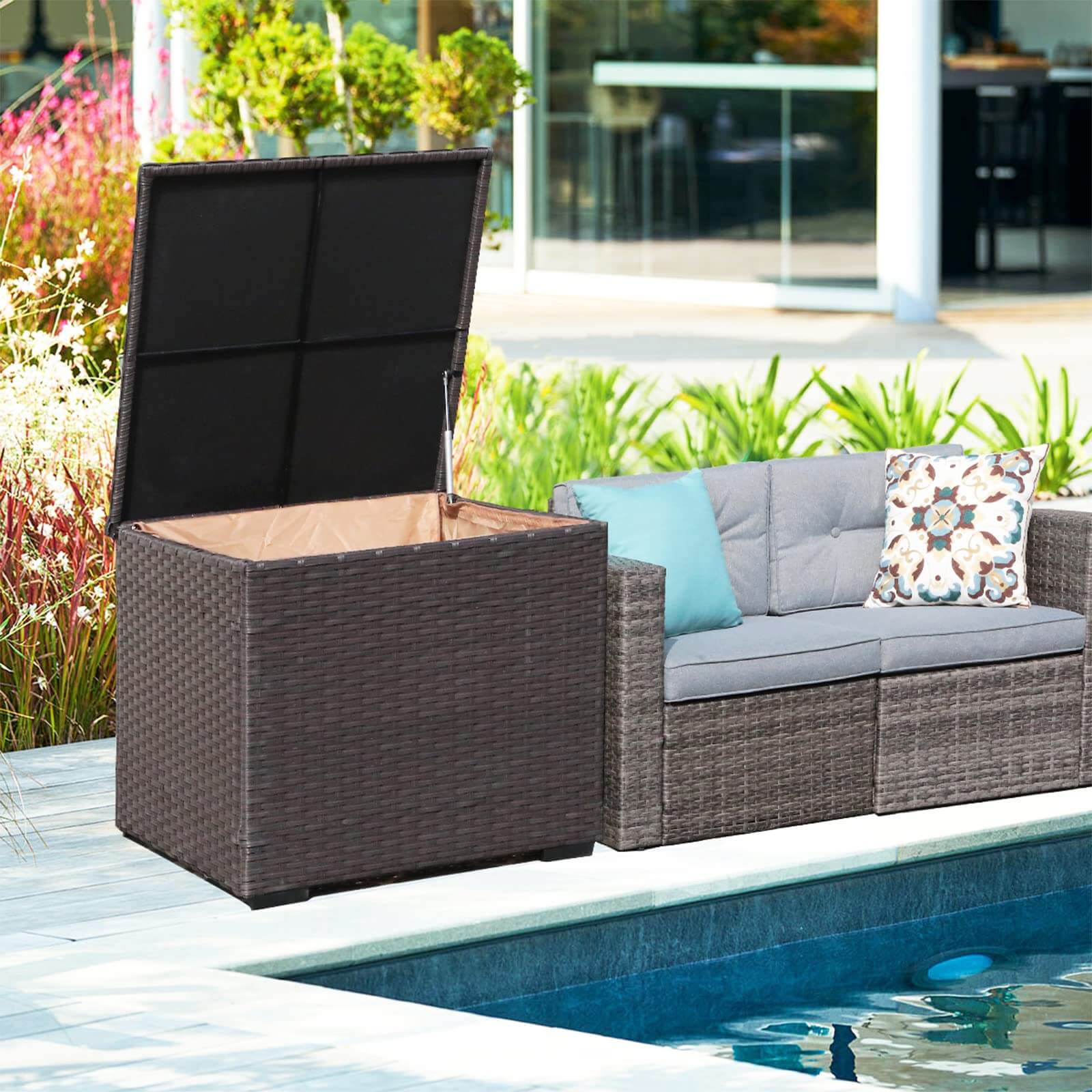 88 Gallon Waterproof Outdoor Storage Box Wicker Deck Box for Patio Furniture