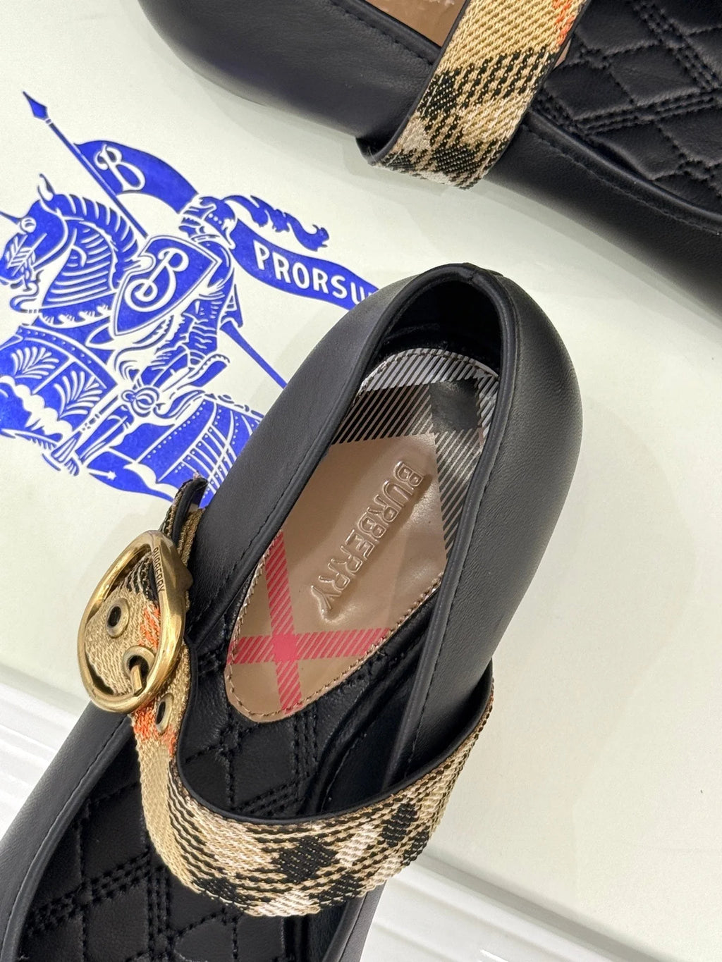 BB Robin Mary Jane Flats Check Strap Black Leather 956170