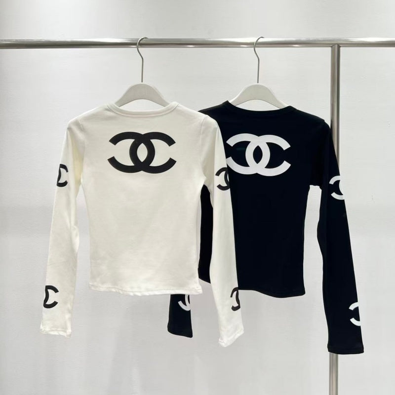 New Fashion Women's Logo Print Long Sleeve Top & Hooded Puffer Vest 2 Piece Set DM1326092009