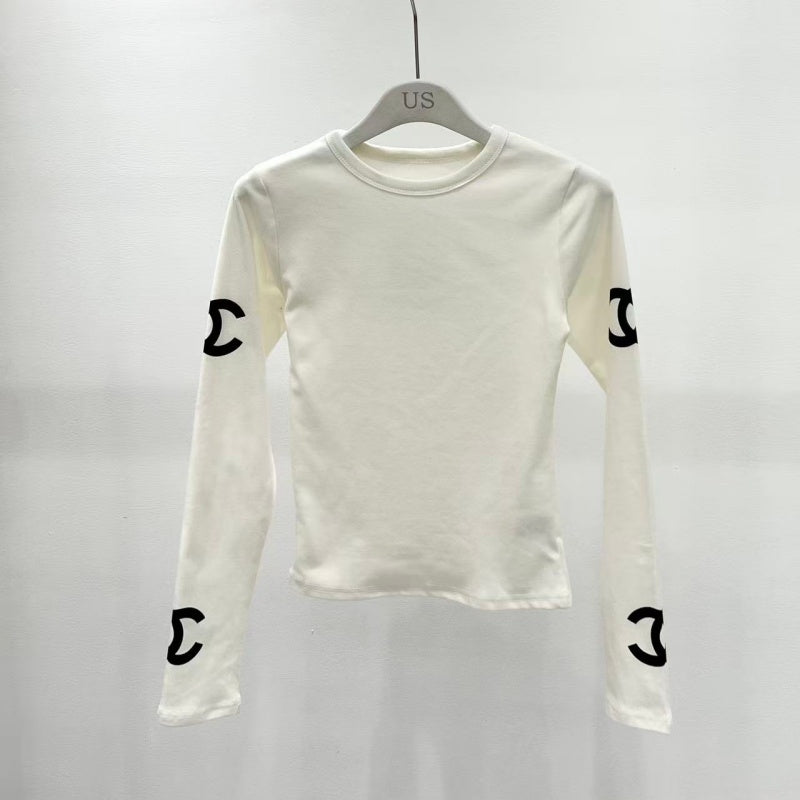 New Fashion Women's Logo Print Long Sleeve Top & Hooded Puffer Vest 2 Piece Set DM1326092009