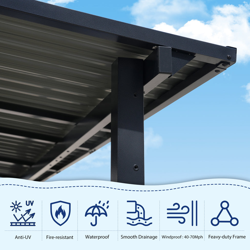 Outdoor Lean to Gazebo Pergola w/Drainage Holes, Wall-Mounted Gazebo with Hard Top Metal Awnings for Patio Backyard Deck, Dark Grey