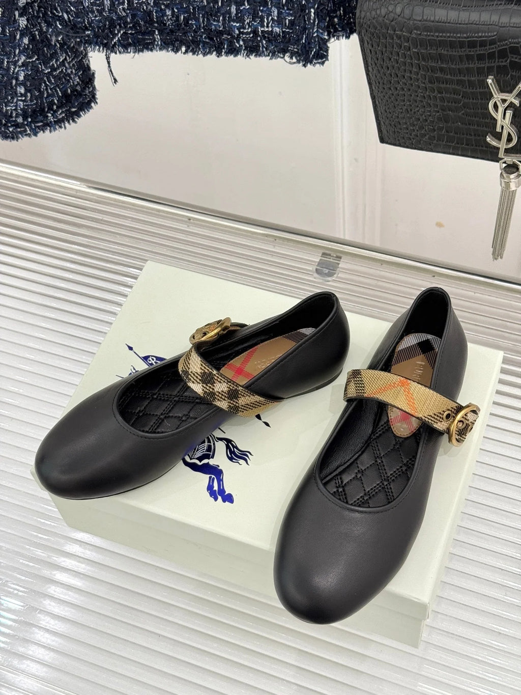 BB Robin Mary Jane Flats Check Strap Black Leather 956170