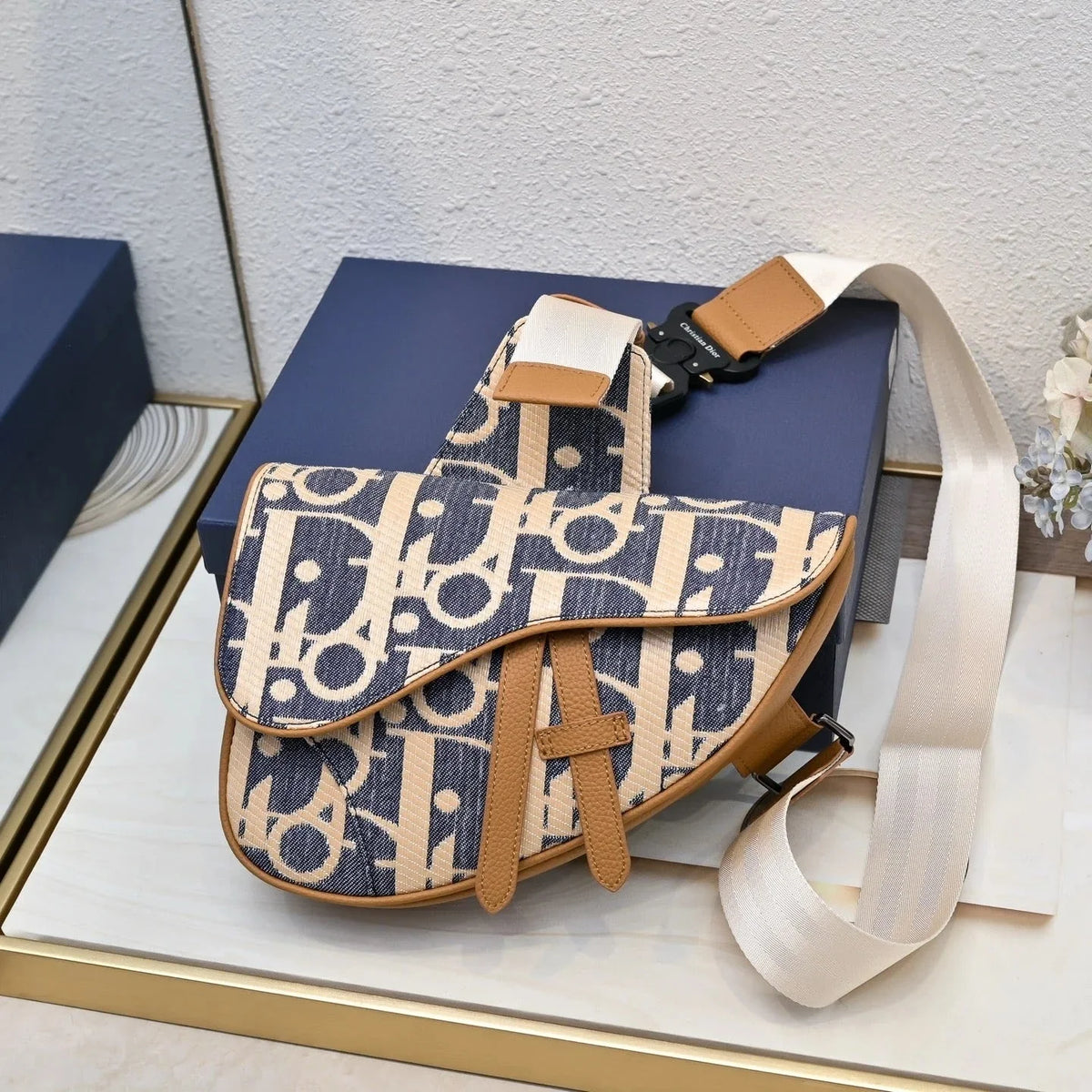 CD 2026 Saddle Oblique Bag 28.6cm Blue Brown Denim Calfskin