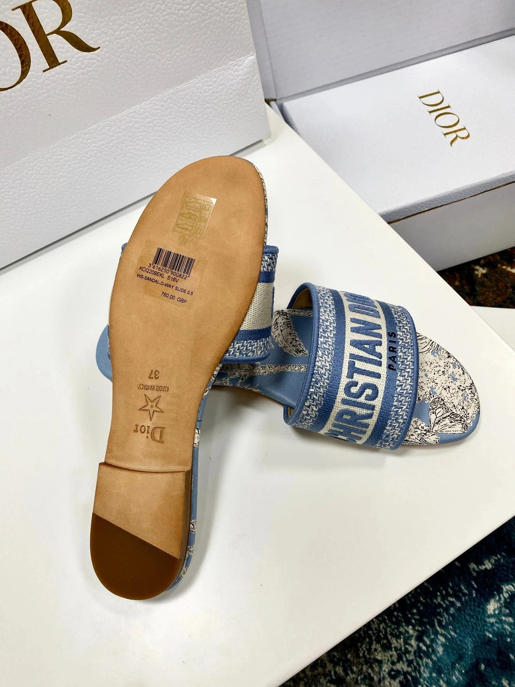 CD 26s Embroidered Sandals Blue Beige Canvas Leather 683014