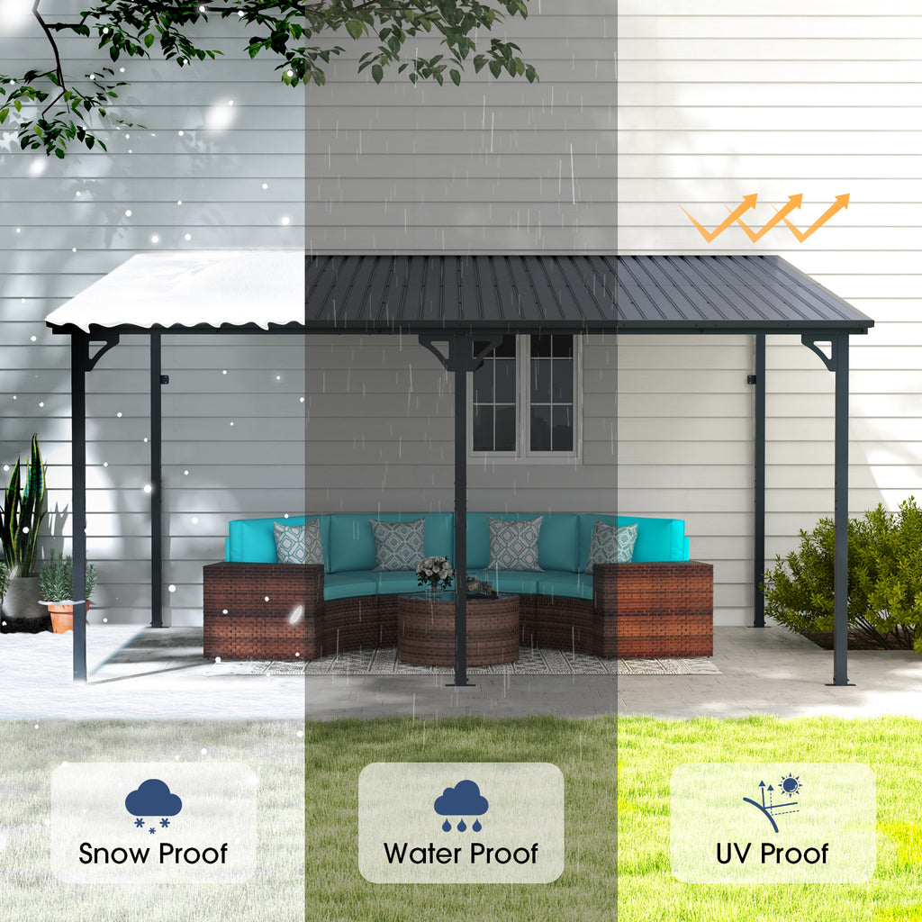 Outdoor Lean to Gazebo Pergola w/Drainage Holes, Wall-Mounted Gazebo with Hard Top Metal Awnings for Patio Backyard Deck, Dark Grey