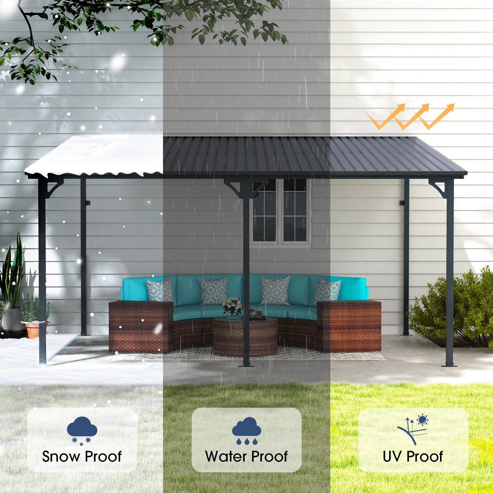 Outdoor Lean to Gazebo Pergola w/Drainage Holes, Wall-Mounted Gazebo with Hard Top Metal Awnings for Patio Backyard Deck, Dark Grey