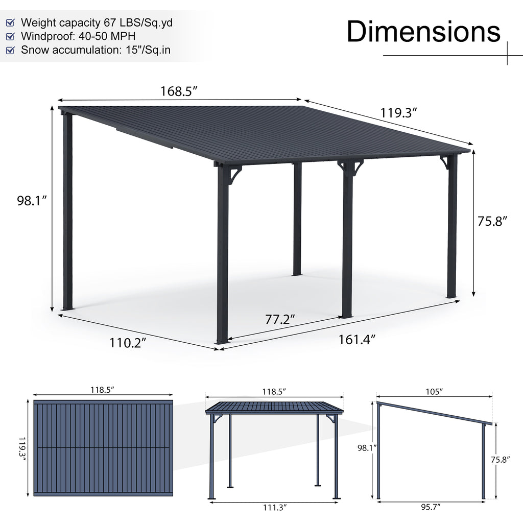 Outdoor Lean to Gazebo Pergola w/Drainage Holes, Wall-Mounted Gazebo with Hard Top Metal Awnings for Patio Backyard Deck, Dark Grey