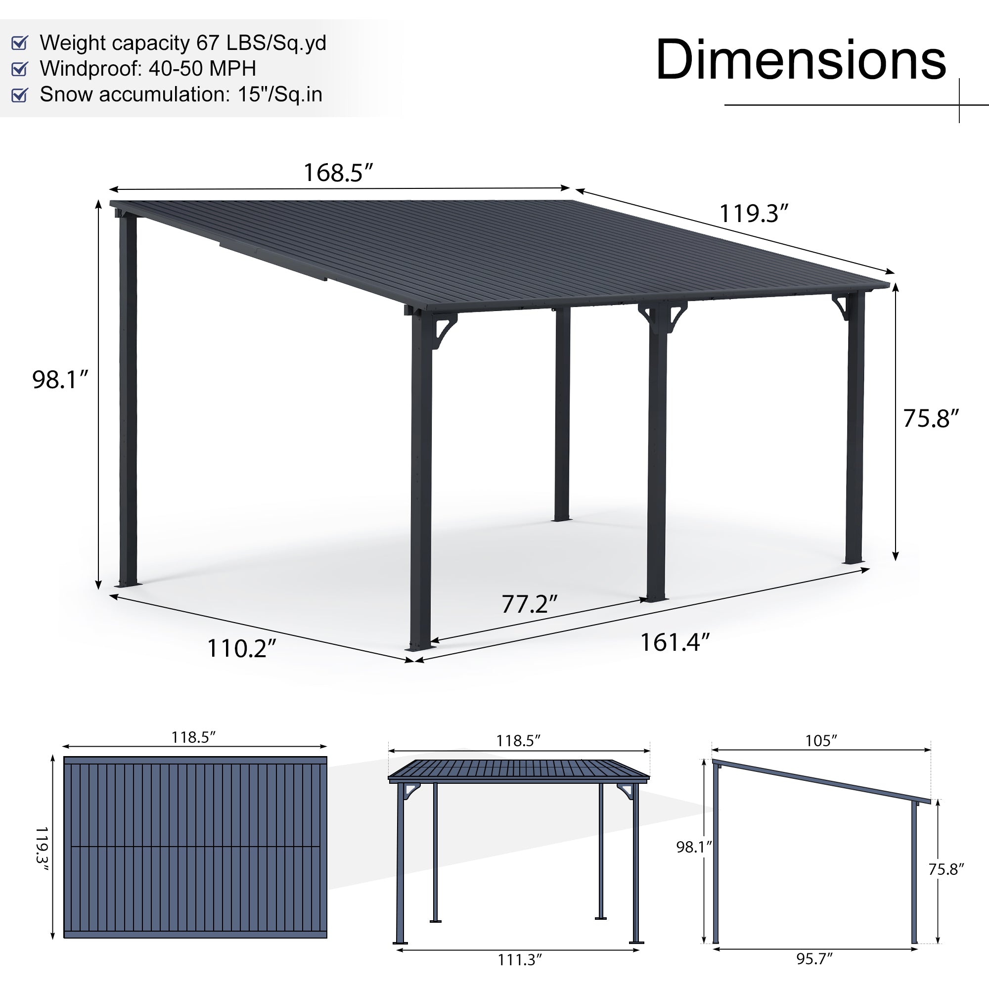 Outdoor Lean to Gazebo Pergola w/Drainage Holes, Wall-Mounted Gazebo with Hard Top Metal Awnings for Patio Backyard Deck, Dark Grey
