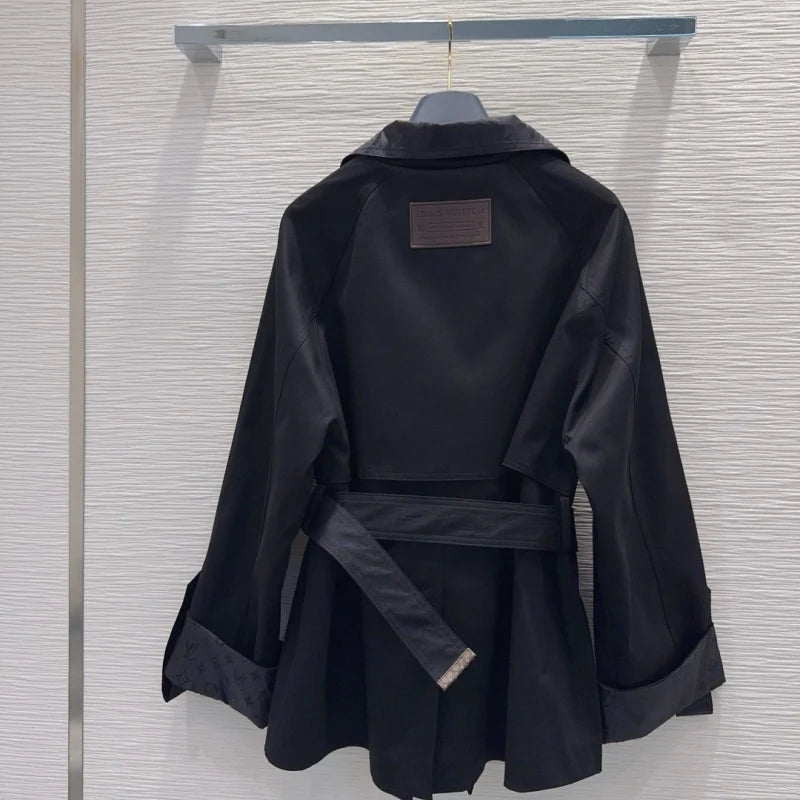 New Fashion Women Monogram Panel Waist Belt Short Trench Coat XC1326091127