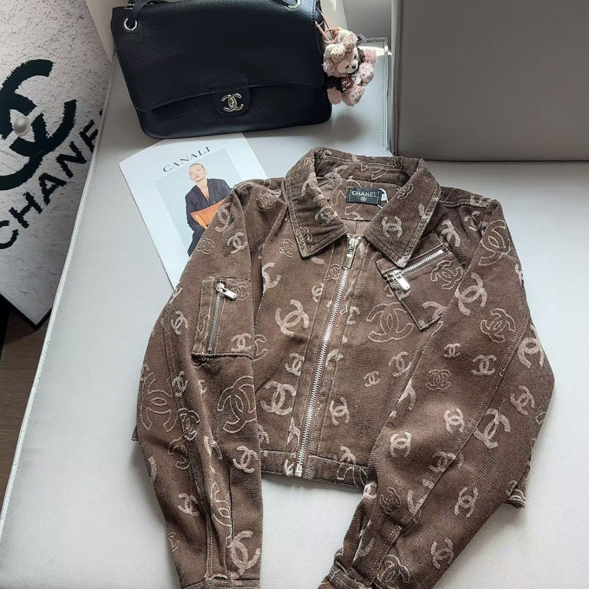 CHA Women's New Winter Chic‑Style Cropped Vintage Denim Jacket with All‑Over Logo Print PD0426082706