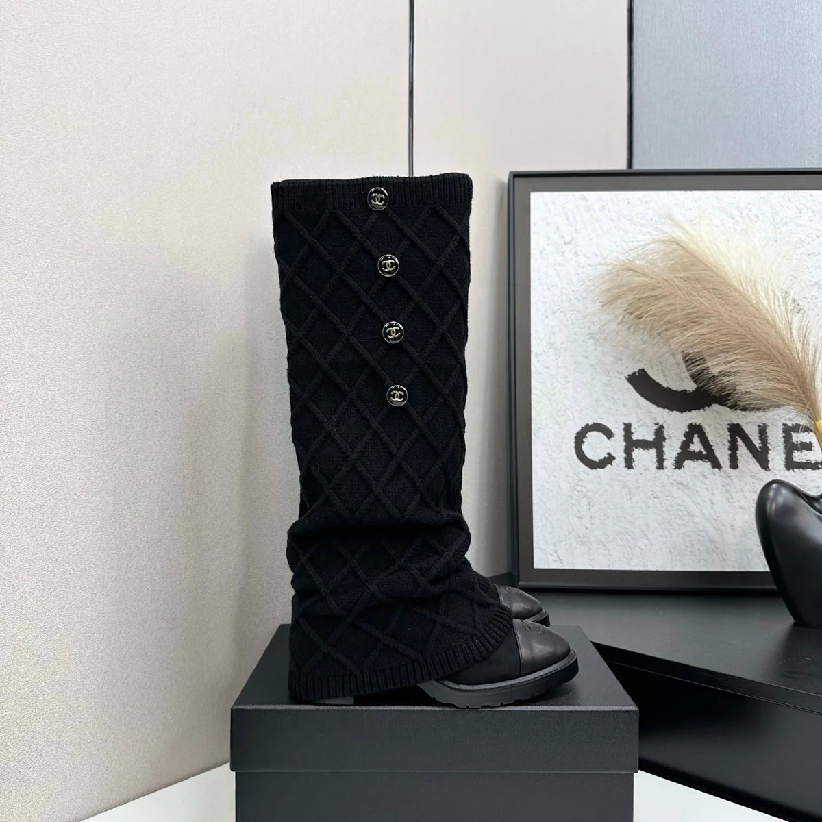 CC 26s Diamond Knit Buttoned Long Boots Black Calfskin Knit 985770