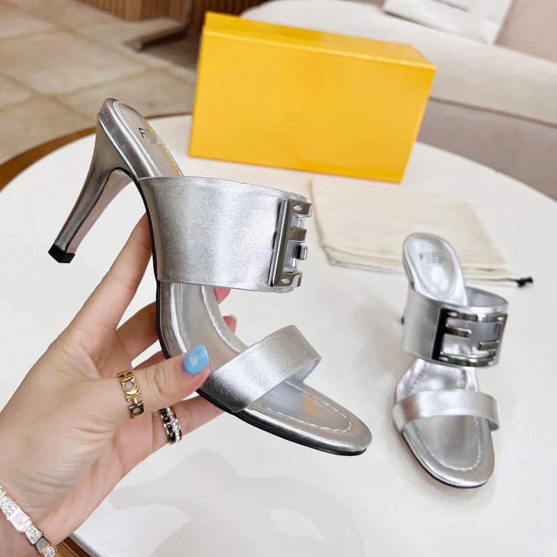 New Leather Metal Buckle High Heel Slippers 1025040209