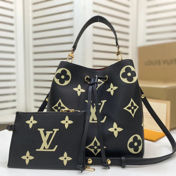 Neonoe MM Dove Cream Bicolor Monogram Empreite Leather Bucket Bag