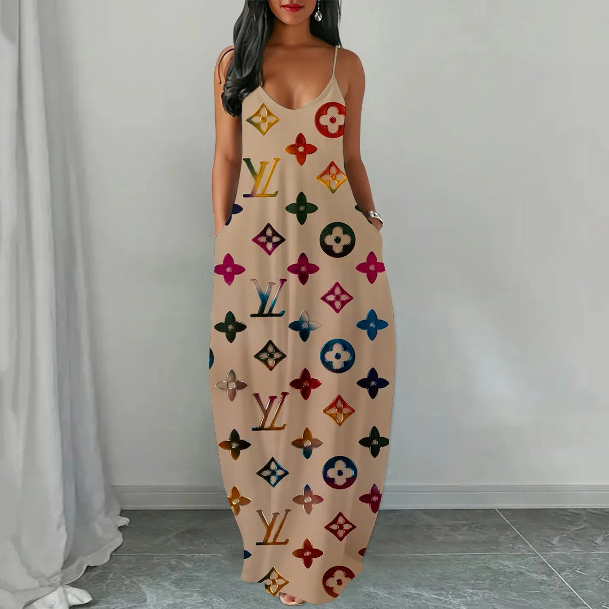 Classic Print V-Neck Pocket Cami Dress 3D1025070708