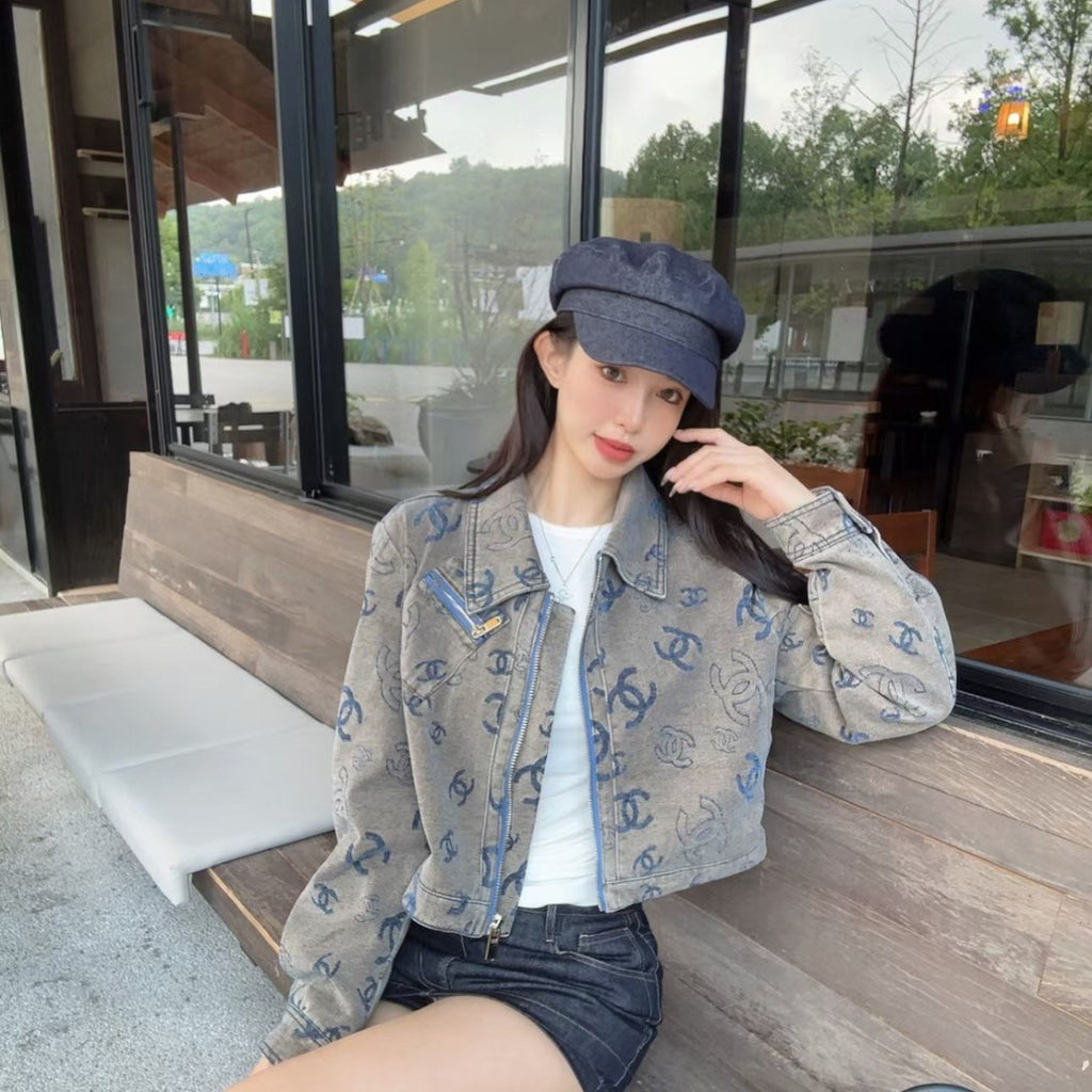 CHA Women's New Winter Chic‑Style Cropped Vintage Denim Jacket with All‑Over Logo Print PD0426082706