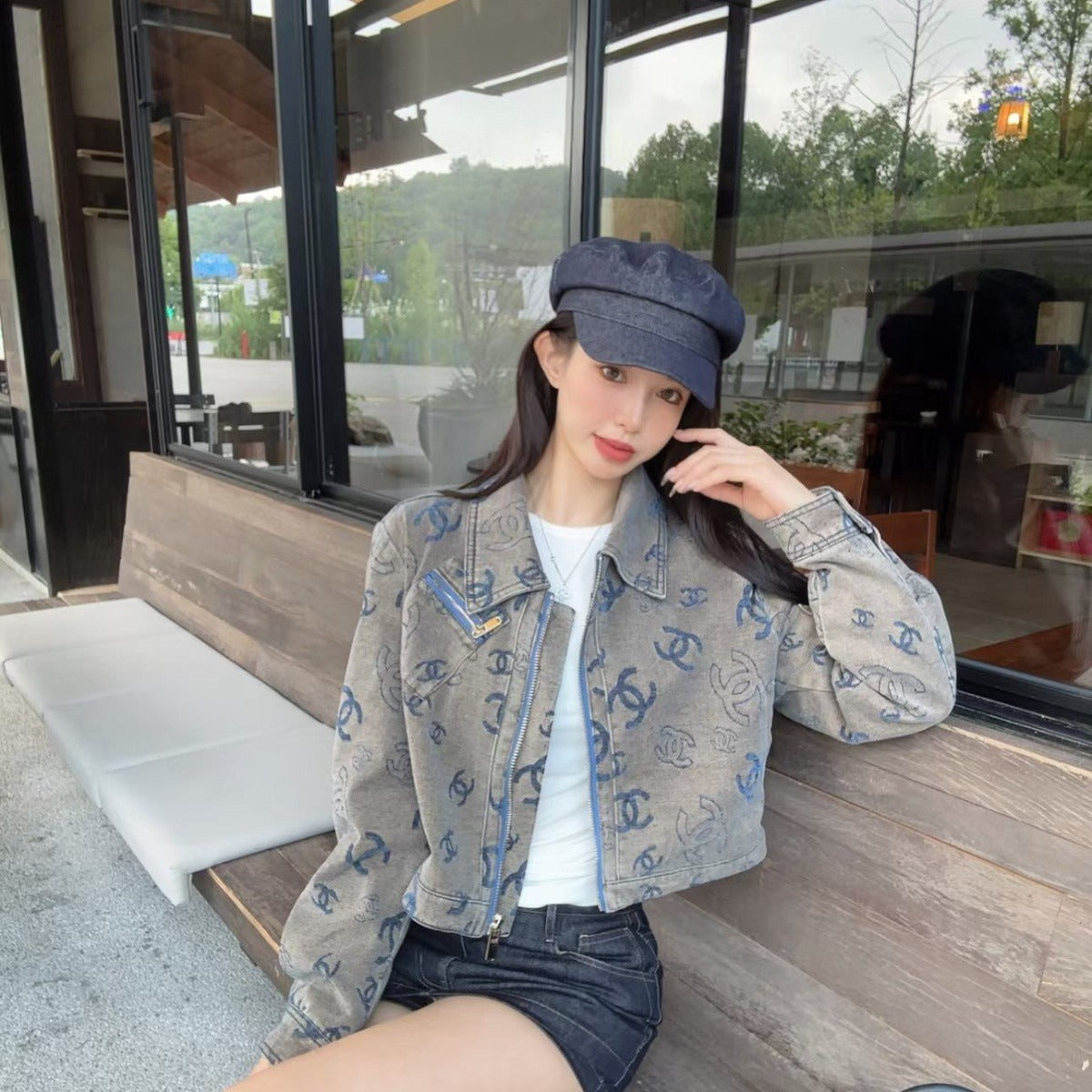 CHA Women's New Winter Chic‑Style Cropped Vintage Denim Jacket with All‑Over Logo Print PD0426082706