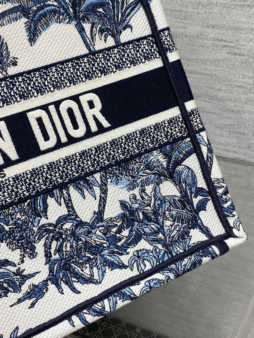 CD Medium CD Book Tote Tropical Pattern Slate Blue White Black Cotton