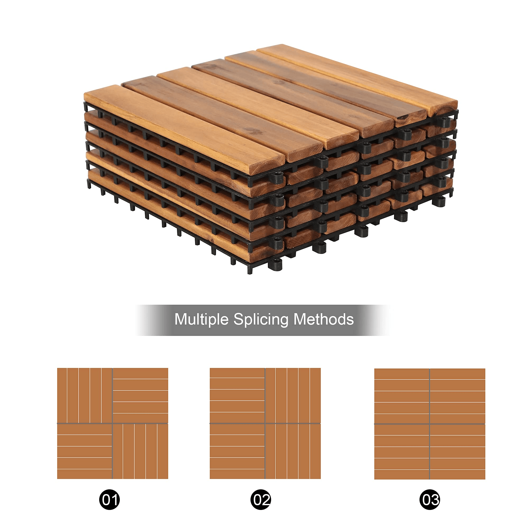 Acacia Wood Interlocking Flooring Tiles, 12 x 12 Inch Wood Deck Tiles