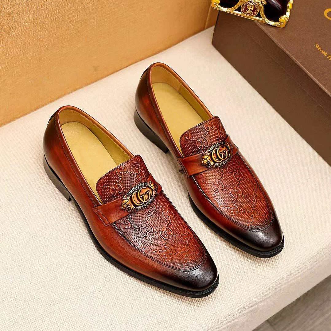 Embossed G'G Pattern Vintage Chic Brown Globe Leather Shoes