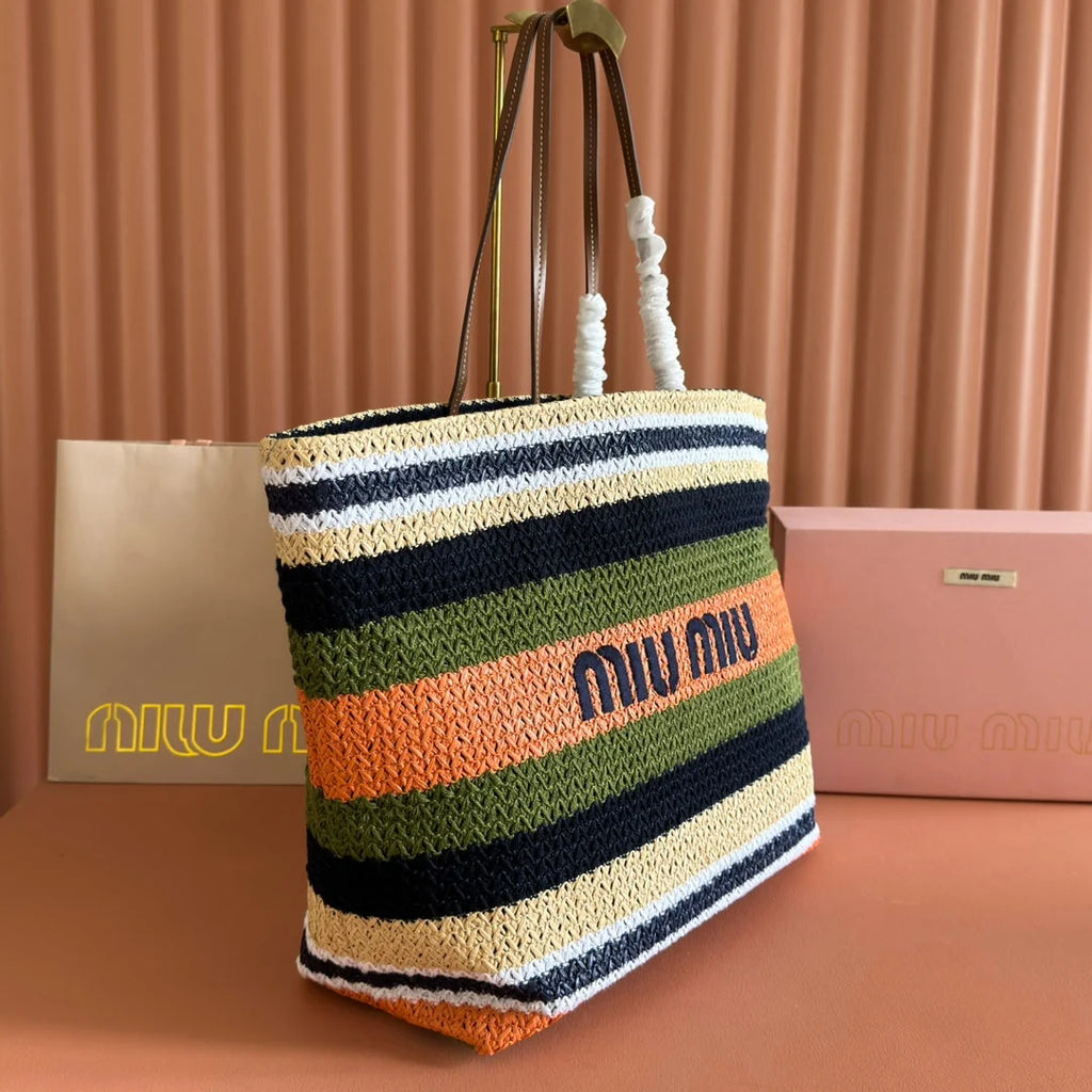 Miu Tote Bag 40cm Raffia-Effect Woven 285425