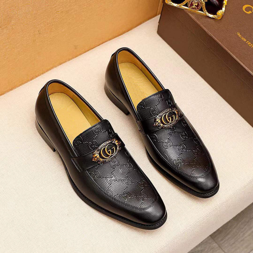 Embossed G'G Pattern Vintage Chic Brown Globe Leather Shoes