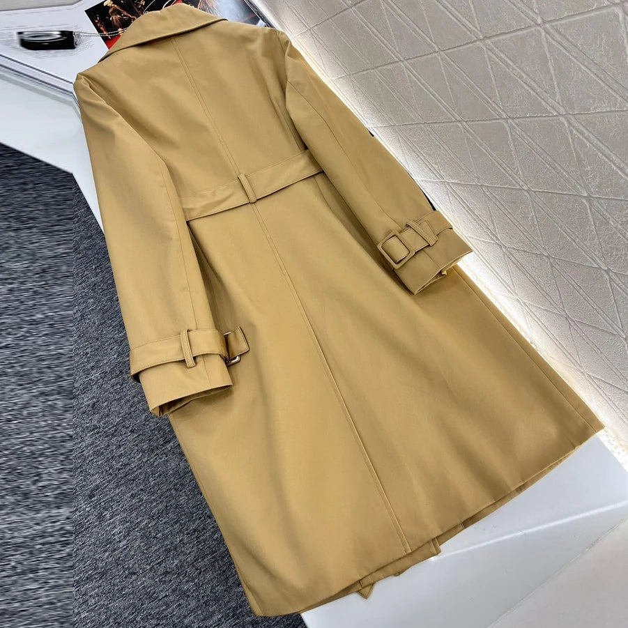 Women's Double-Breasted Long Trench Coat with Lapel Collar 1025102409