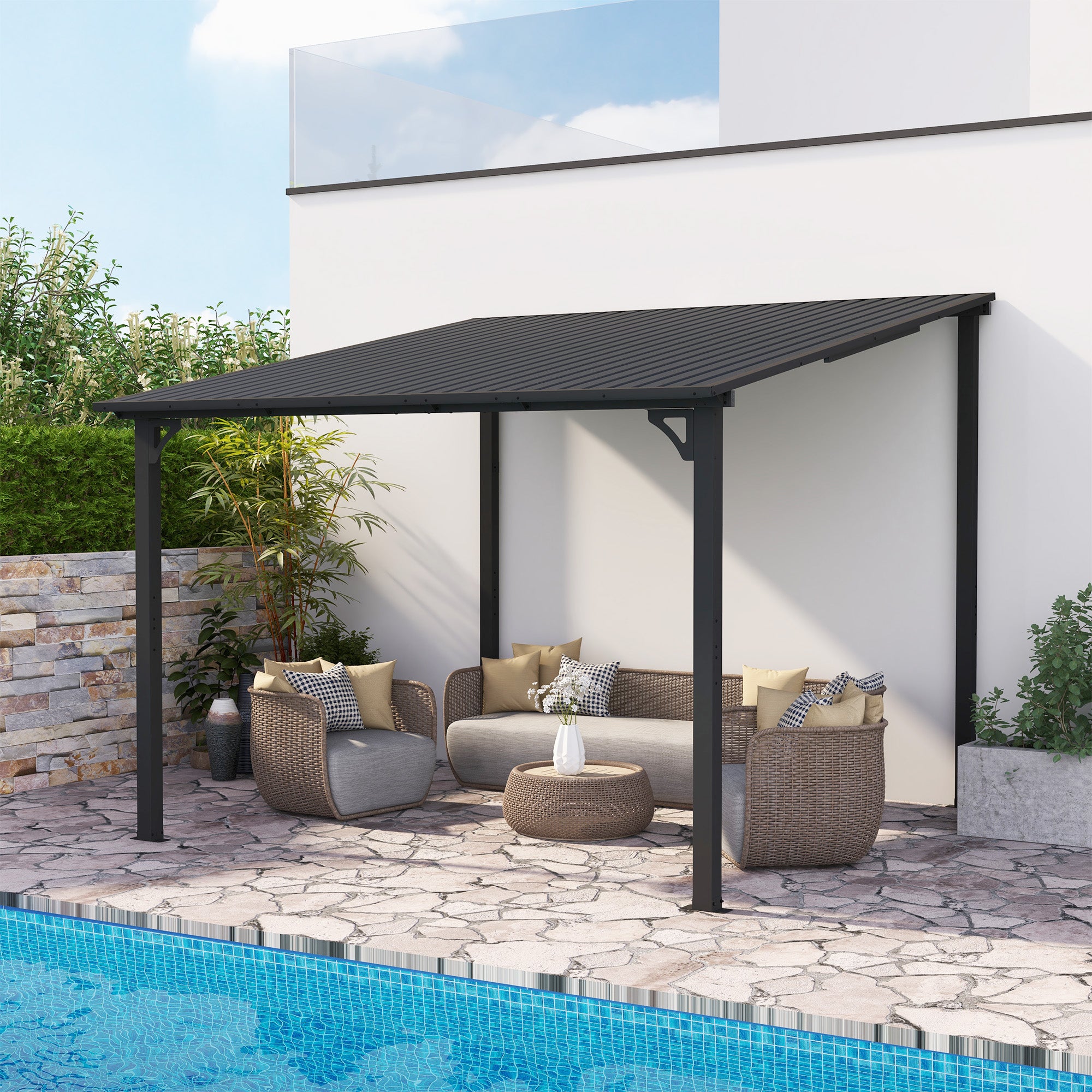 Outdoor Lean to Gazebo Pergola w/Drainage Holes, Wall-Mounted Gazebo with Hard Top Metal Awnings for Patio Backyard Deck, Dark Grey