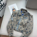 CHA Women's New Winter Chic‑Style Cropped Vintage Denim Jacket with All‑Over Logo Print PD0426082706