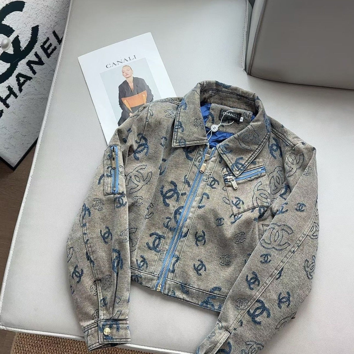 CHA Women's New Winter Chic‑Style Cropped Vintage Denim Jacket with All‑Over Logo Print PD0426082706