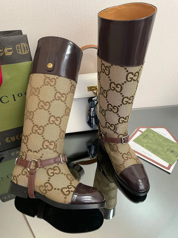 GG  2026 Boot Brown mix Beige Canvas Leather 911944