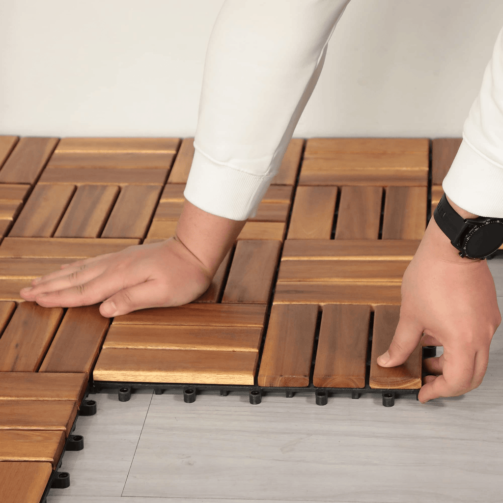 Acacia Wood Interlocking Flooring Tiles, 12 x 12 Inch Wood Deck Tiles