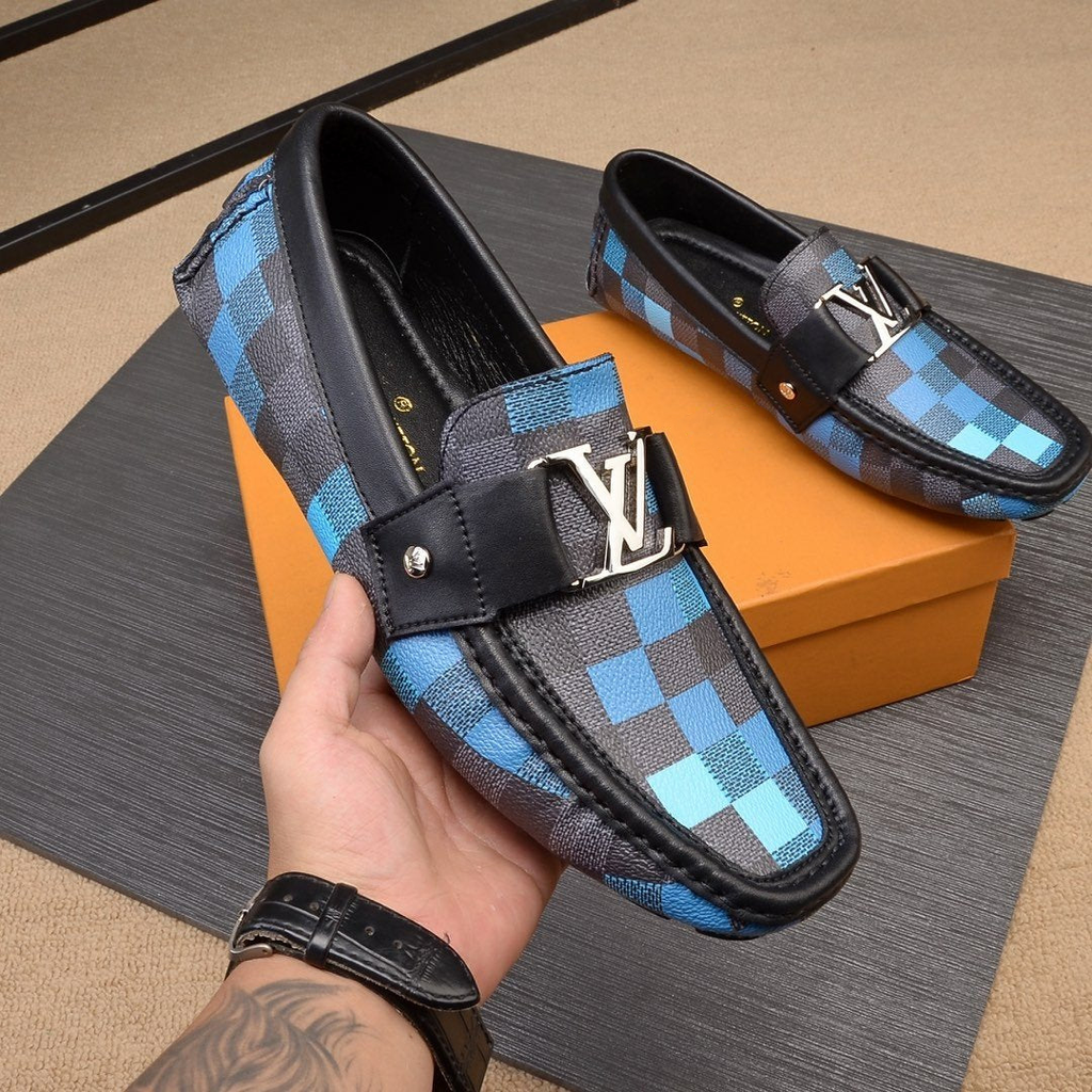 Blue And Gray Grid pattern Leather Dress Shoes