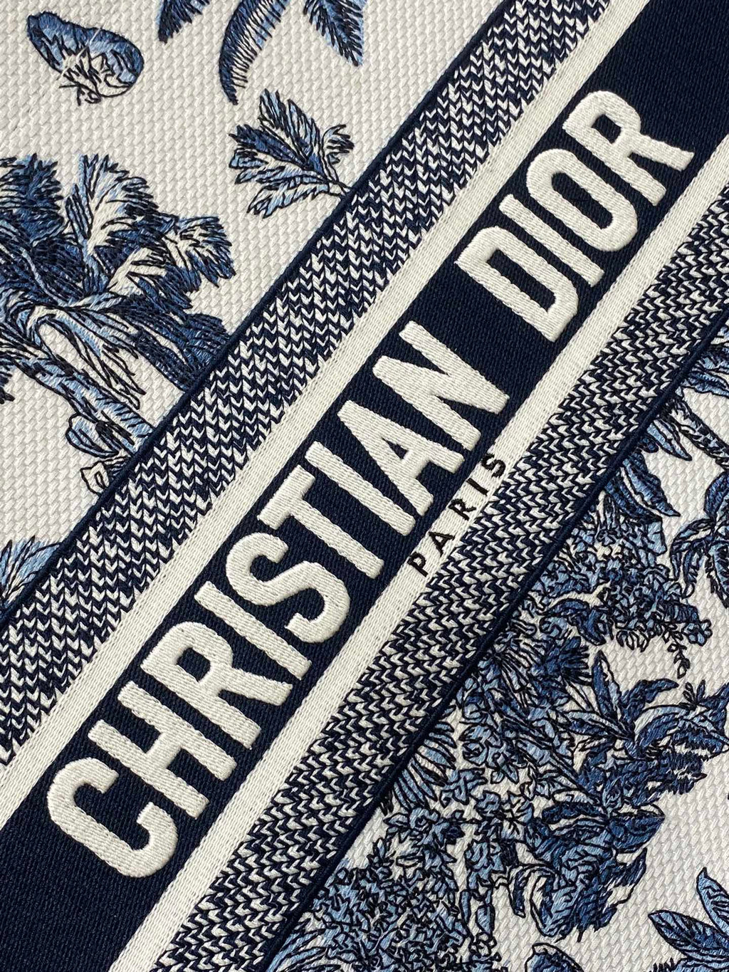 CD Medium CD Book Tote Tropical Pattern Slate Blue White Black Cotton