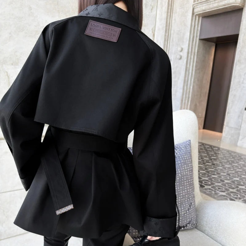 New Fashion Women Monogram Panel Waist Belt Short Trench Coat XC1326091127