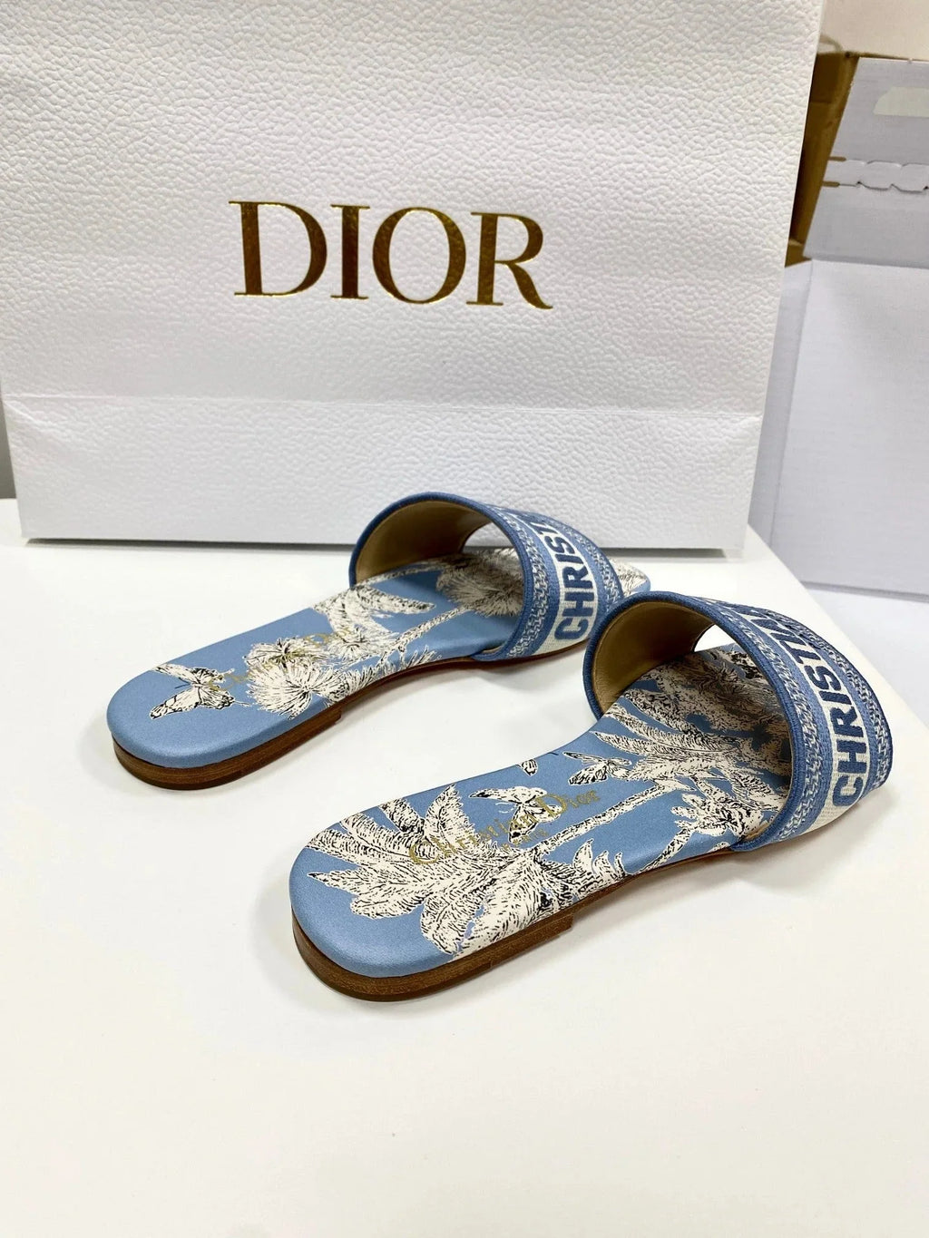 CD 26s Embroidered Sandals Blue Beige Canvas Leather 683014