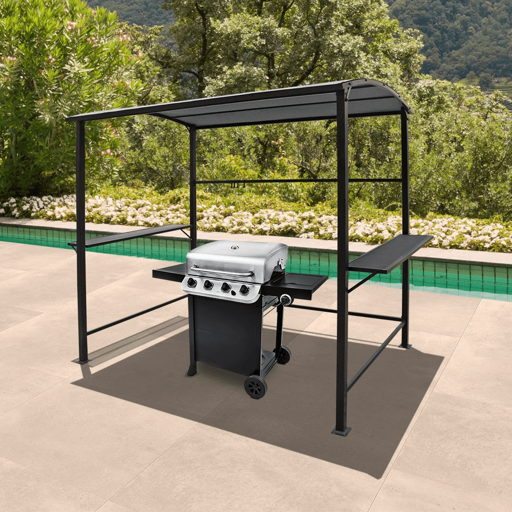 Grill Gazebo 8' by 4.6' Metal BBQ Shelter with Single-Tier Soft Top and Shelves, Grey