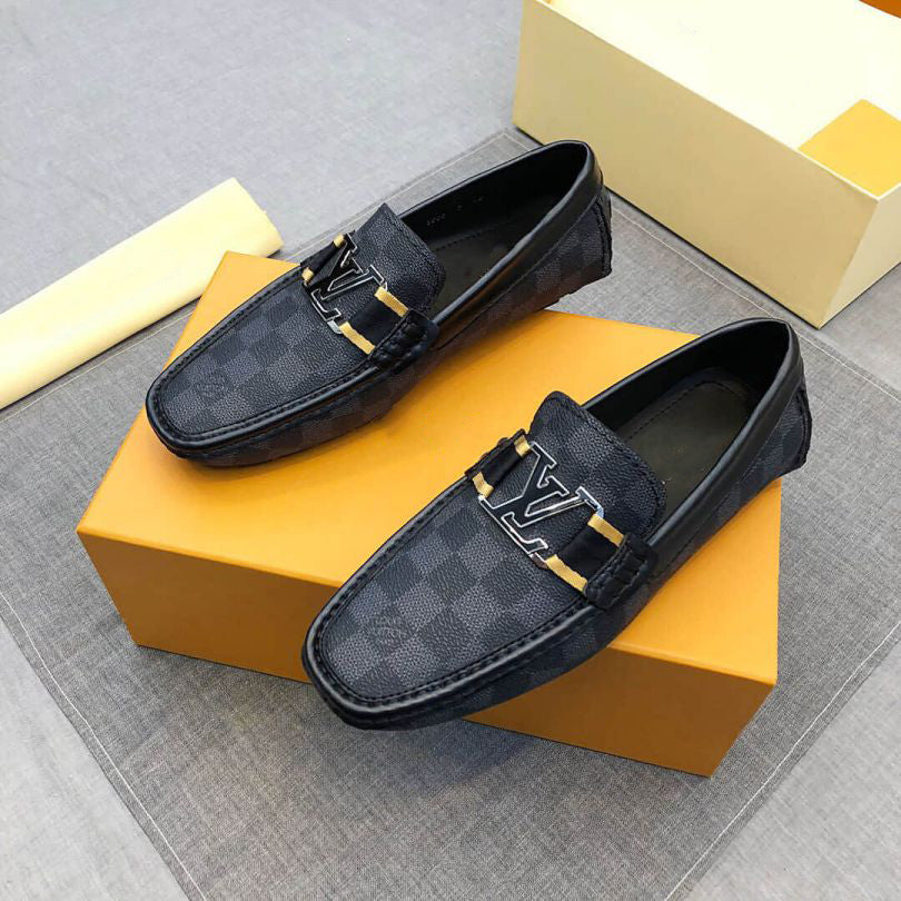 Luxury Plaid Leather Men Dress Slip-on Shoes Grey
