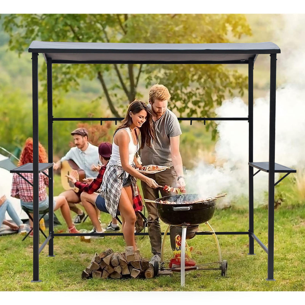 Grill Gazebo 8' by 4.6' Metal BBQ Shelter with Single-Tier Soft Top and Shelves, Grey