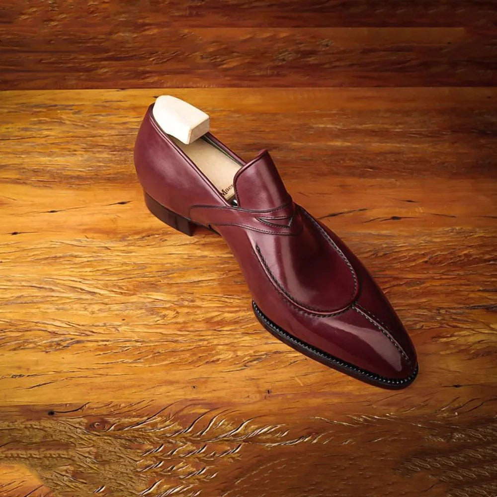 Brown Shiny Round Toe Slip-On Loafers