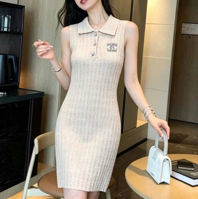 Fitted Knit Dress with Lapel Collar and Double C Emblem 1026052012