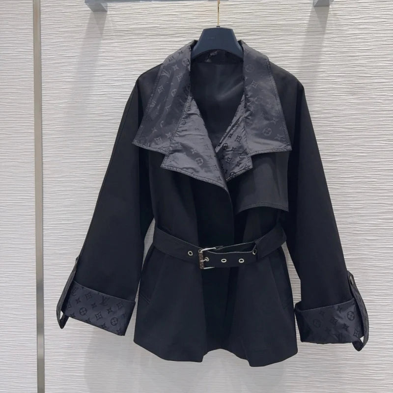 New Fashion Women Monogram Panel Waist Belt Short Trench Coat XC1326091127